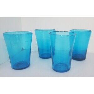 Vintage Mexican Hand Blown Aqua  Blue Drinking Bubble Glasses Set of 4 Highball